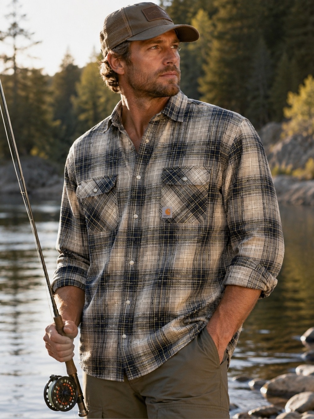 Carhartt Relaxed Fit Flannel Shirt – Men’s Large – Gray/Tan Plaid – Snap Front - Picture 2 of 9